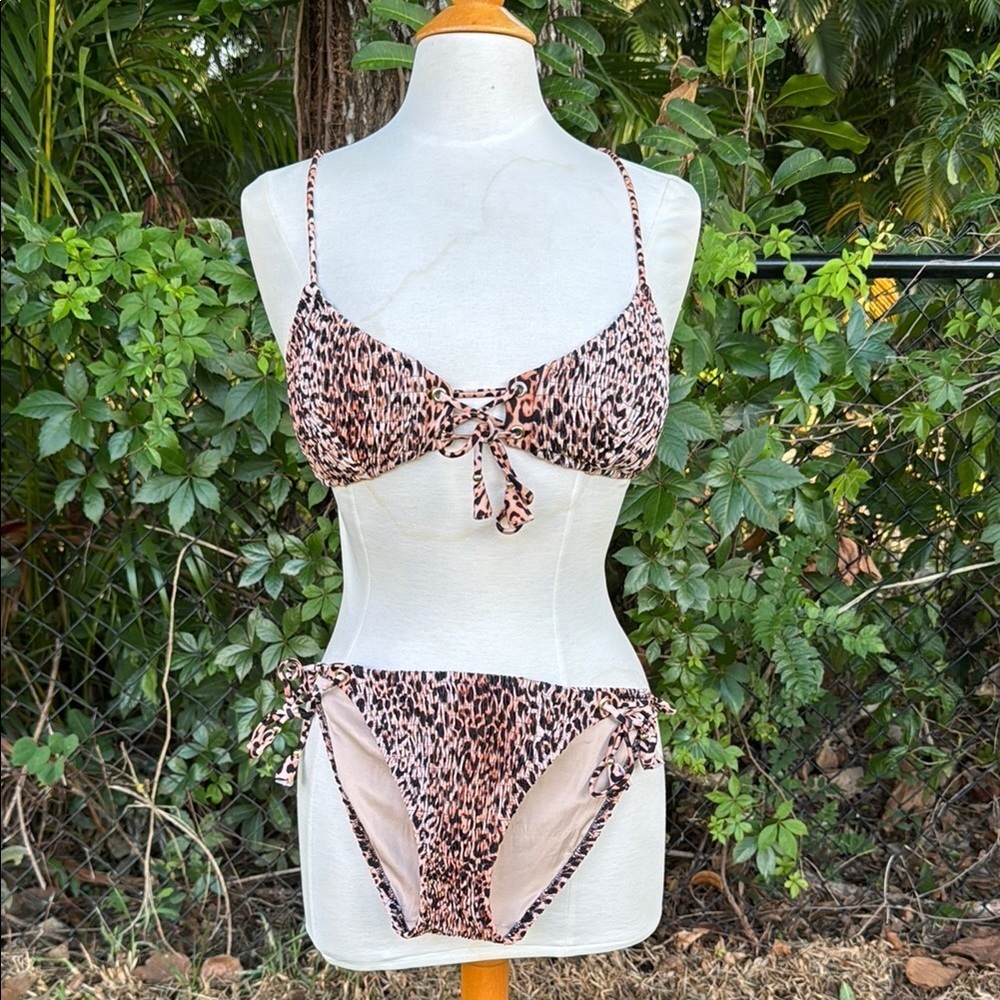 Victoria’s Secret leopard print bikini, lace up, smocked fabric, size medium - Picture 1 of 6
